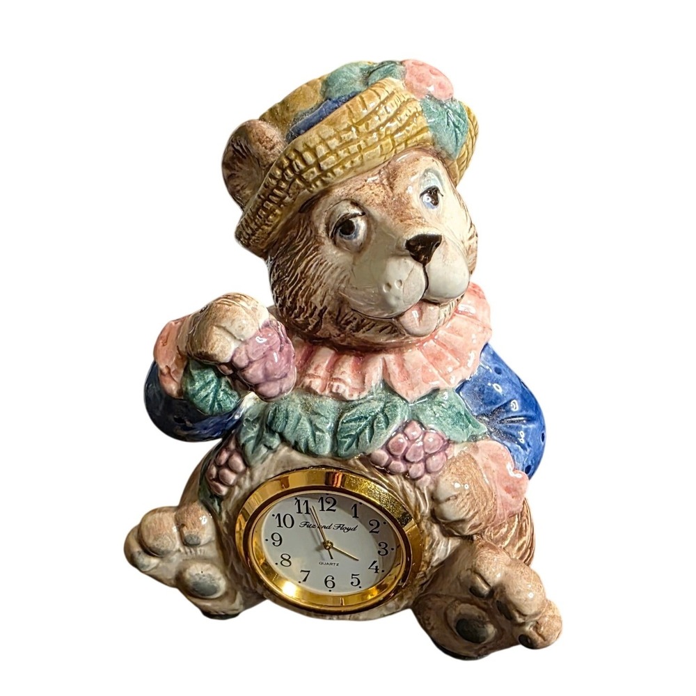 Fitz and Floyd Hat Party Clock Brown Ceramic Bear‎ Figurine 4" With Box
